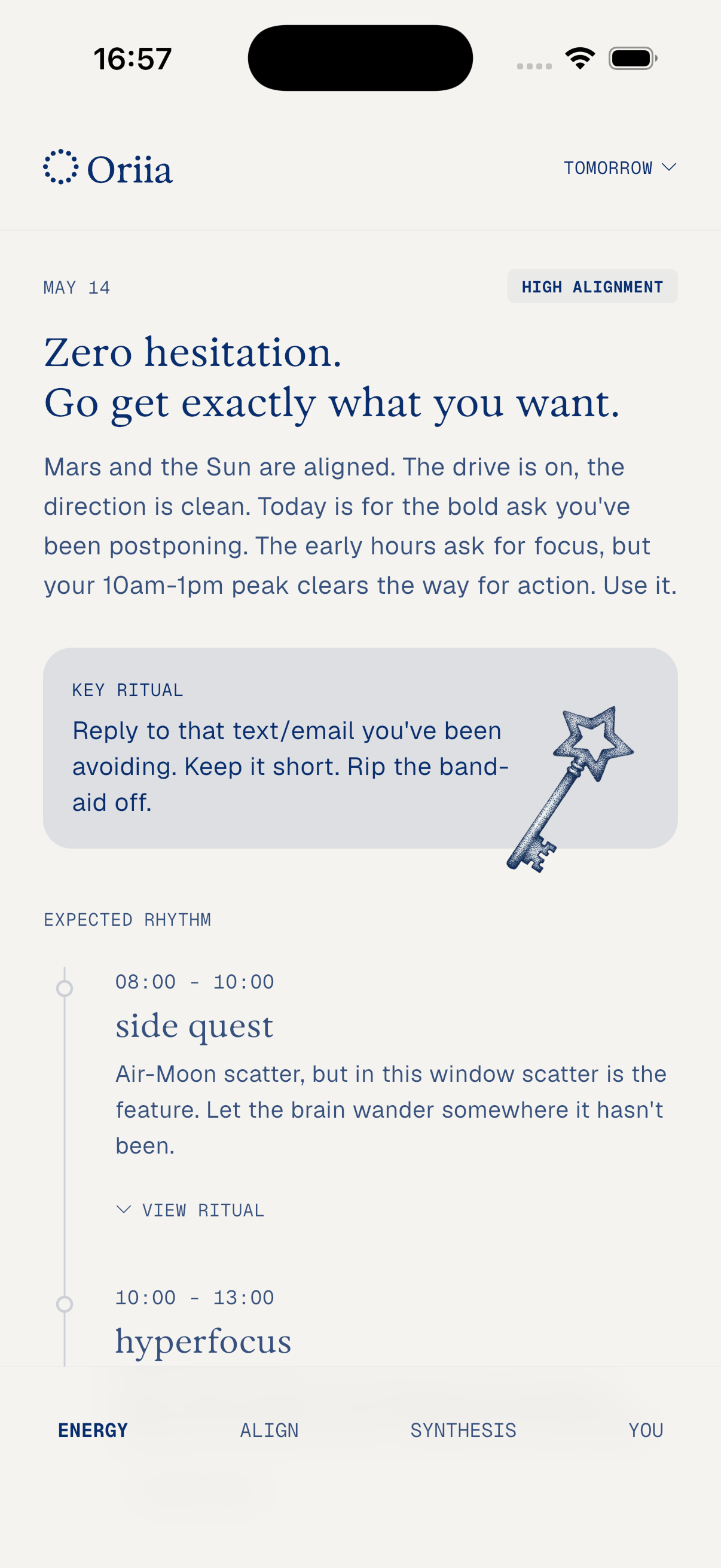 Oriia app showing today's daily rhythm timeline
